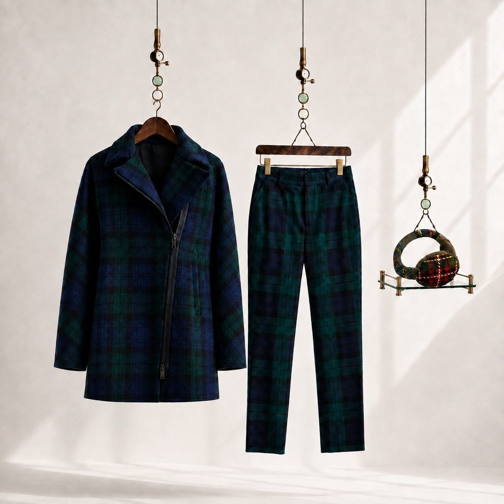 J.Crew Black Watch Plaid Wool Coat 6P Ruby Pants 4 Earmuffs 3-Piece Ensemble